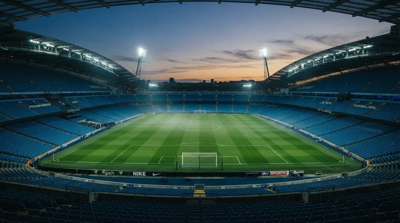 An empty football stadium with floodlight masts at dusk