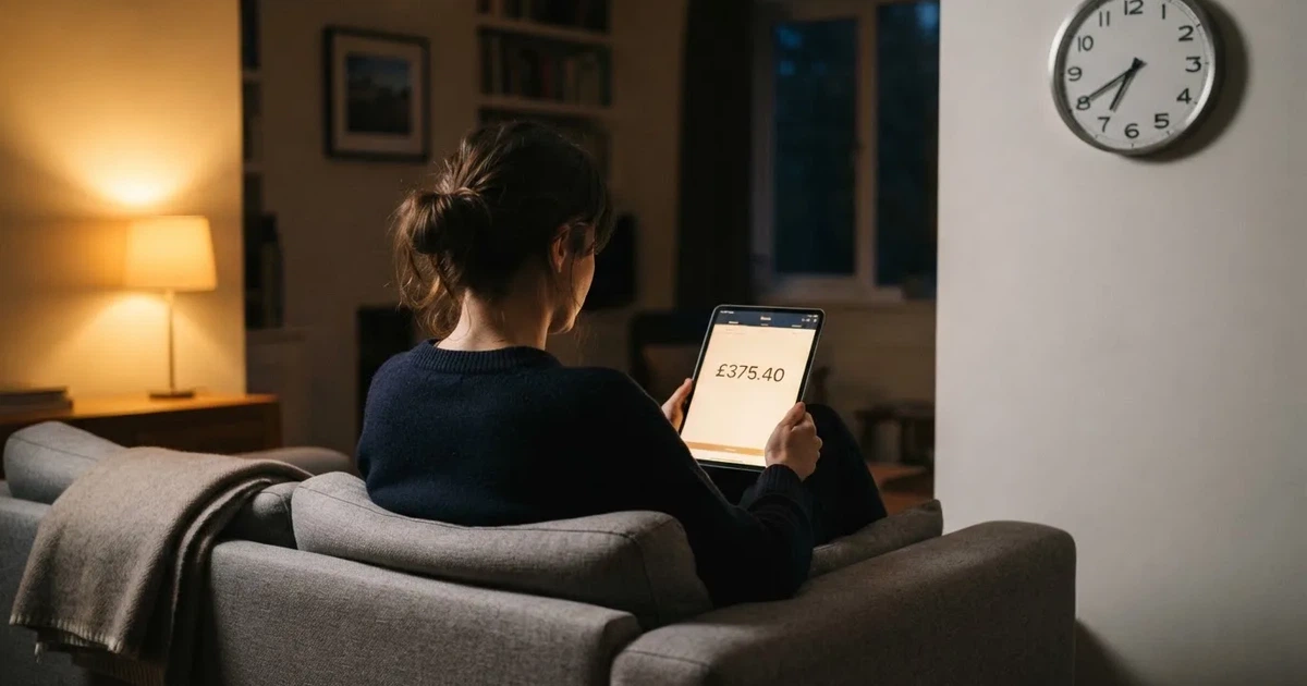 A person on a sofa looking thoughtfully at a tablet, a wall clock in the background