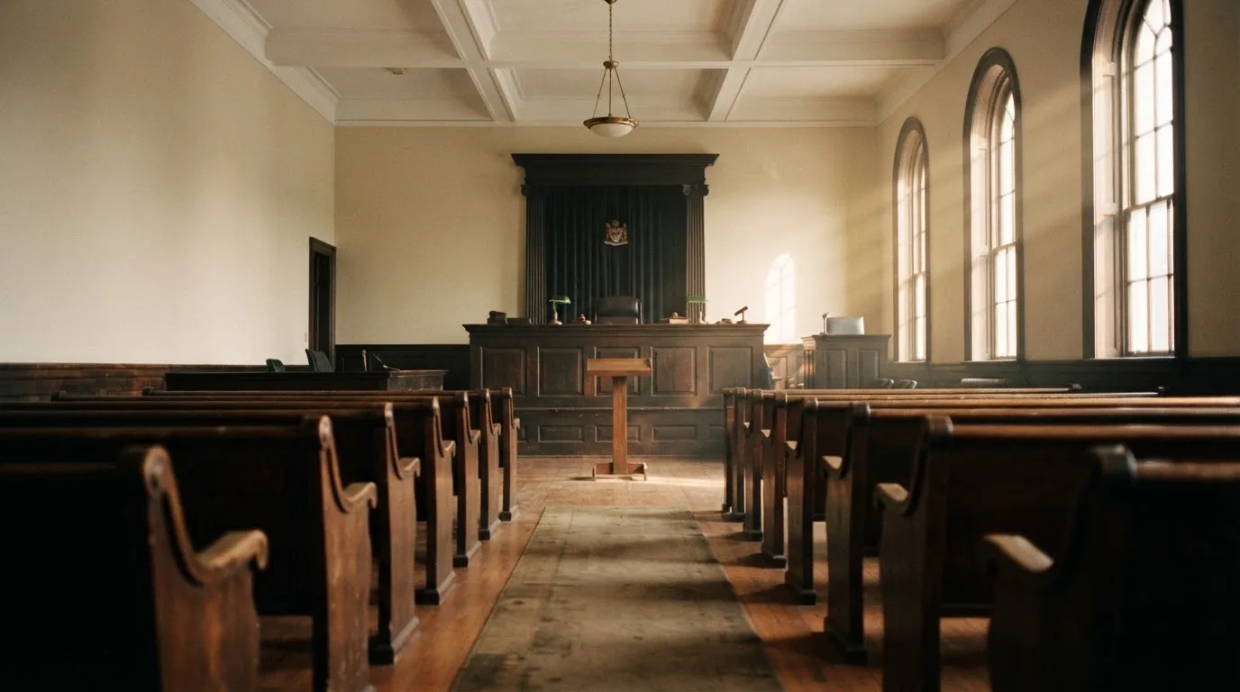 An empty courtroom with wooden benches in morning light
