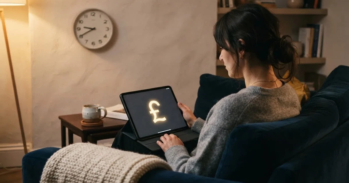 A person on a sofa looking thoughtfully at a tablet, a wall clock in the background