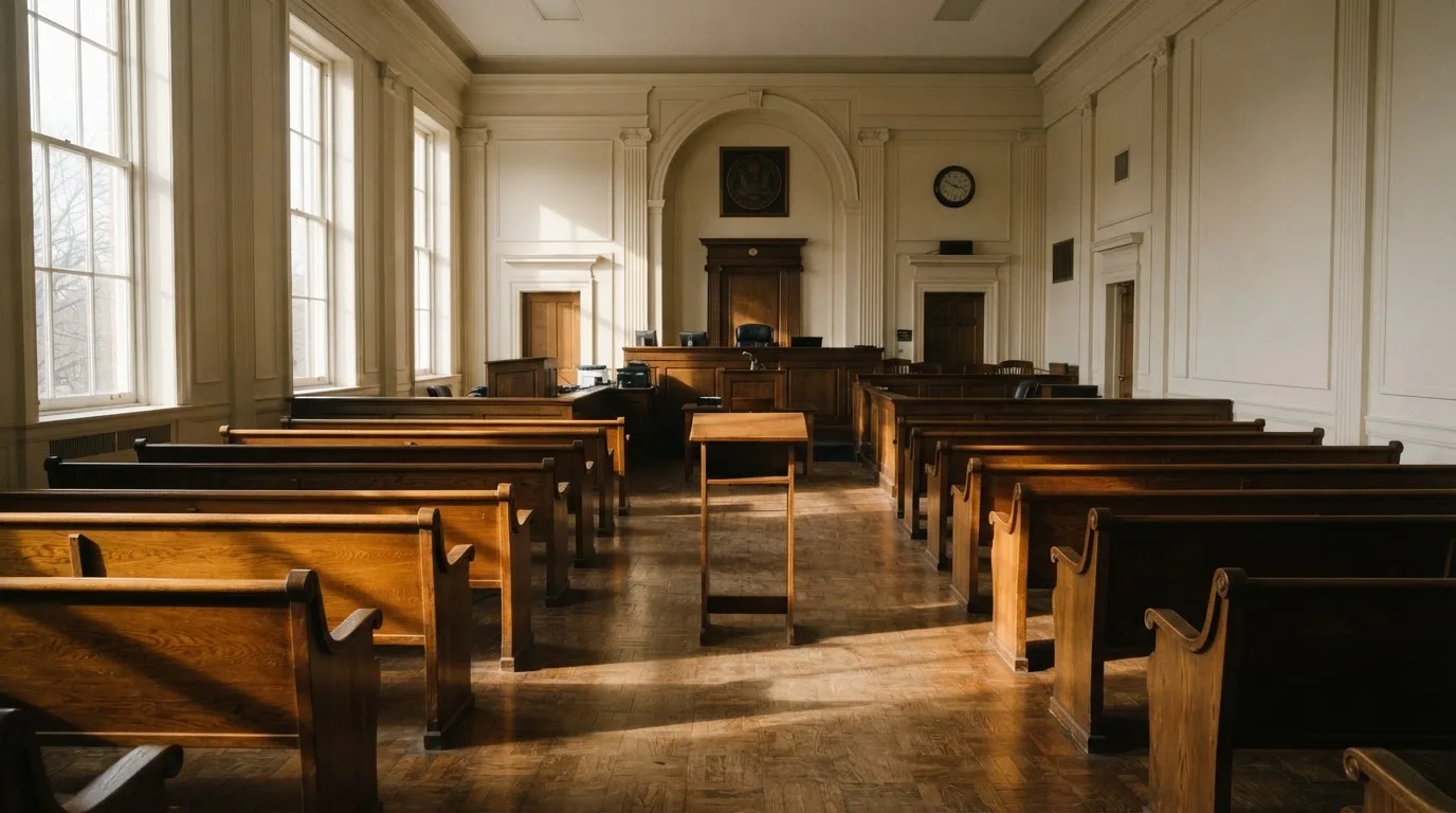 An empty courtroom with wooden benches in morning light