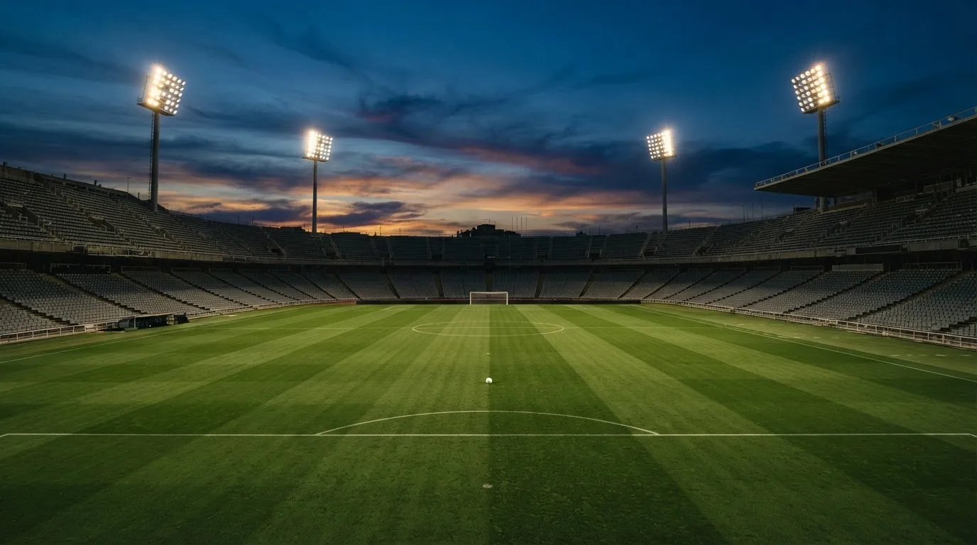 An empty football stadium with floodlight masts at dusk