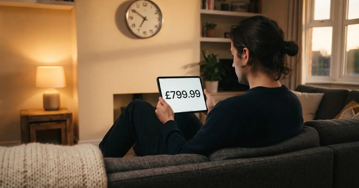 A person on a sofa looking thoughtfully at a tablet, a wall clock in the background
