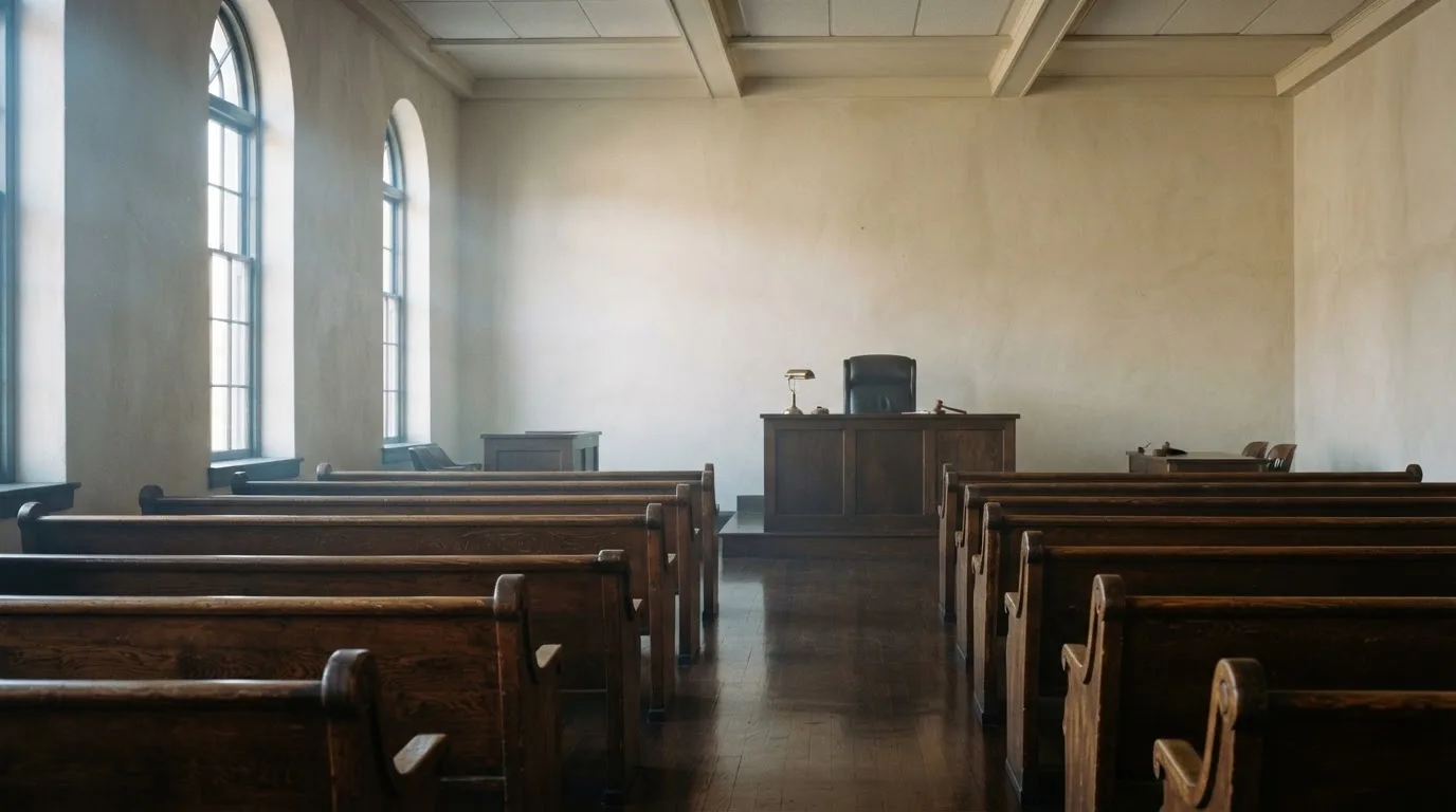 An empty courtroom with wooden benches in morning light