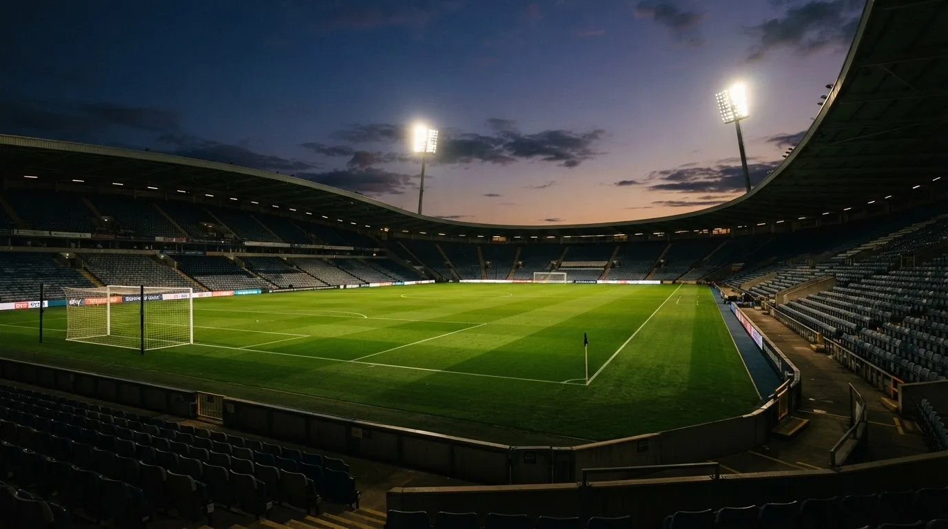 An empty football stadium with floodlight masts at dusk