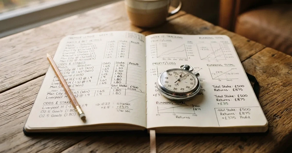An open notebook with a pencil and a stopwatch on a wooden table