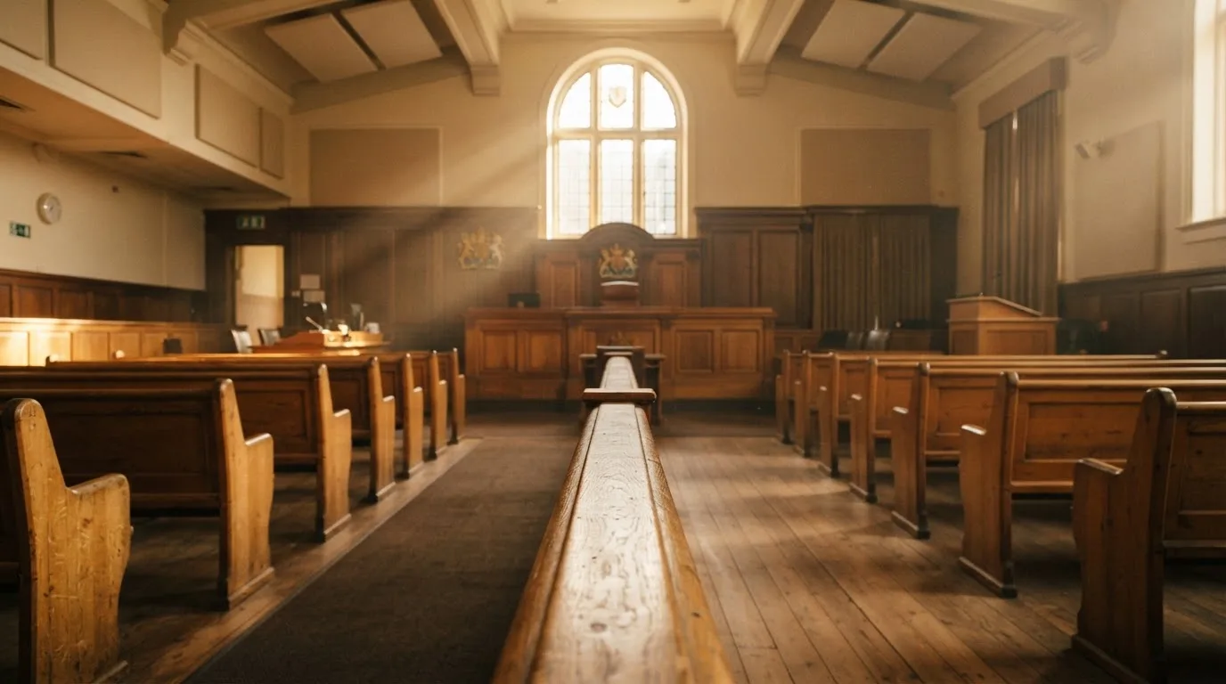 An empty courtroom with wooden benches in morning light