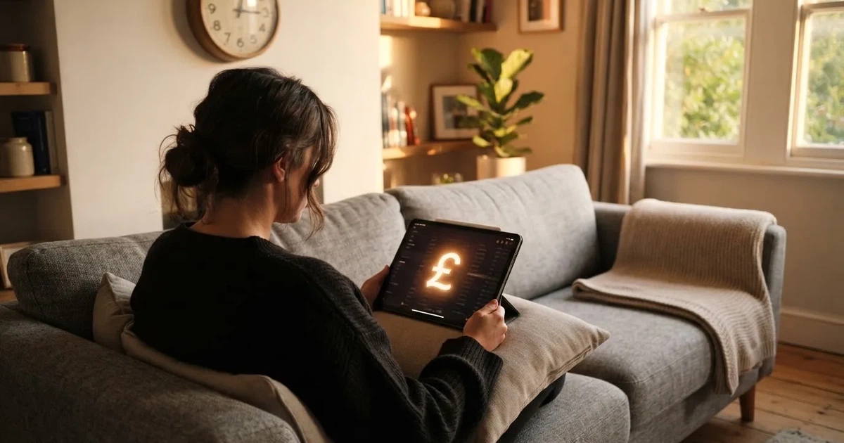 A person on a sofa looking thoughtfully at a tablet, a wall clock in the background