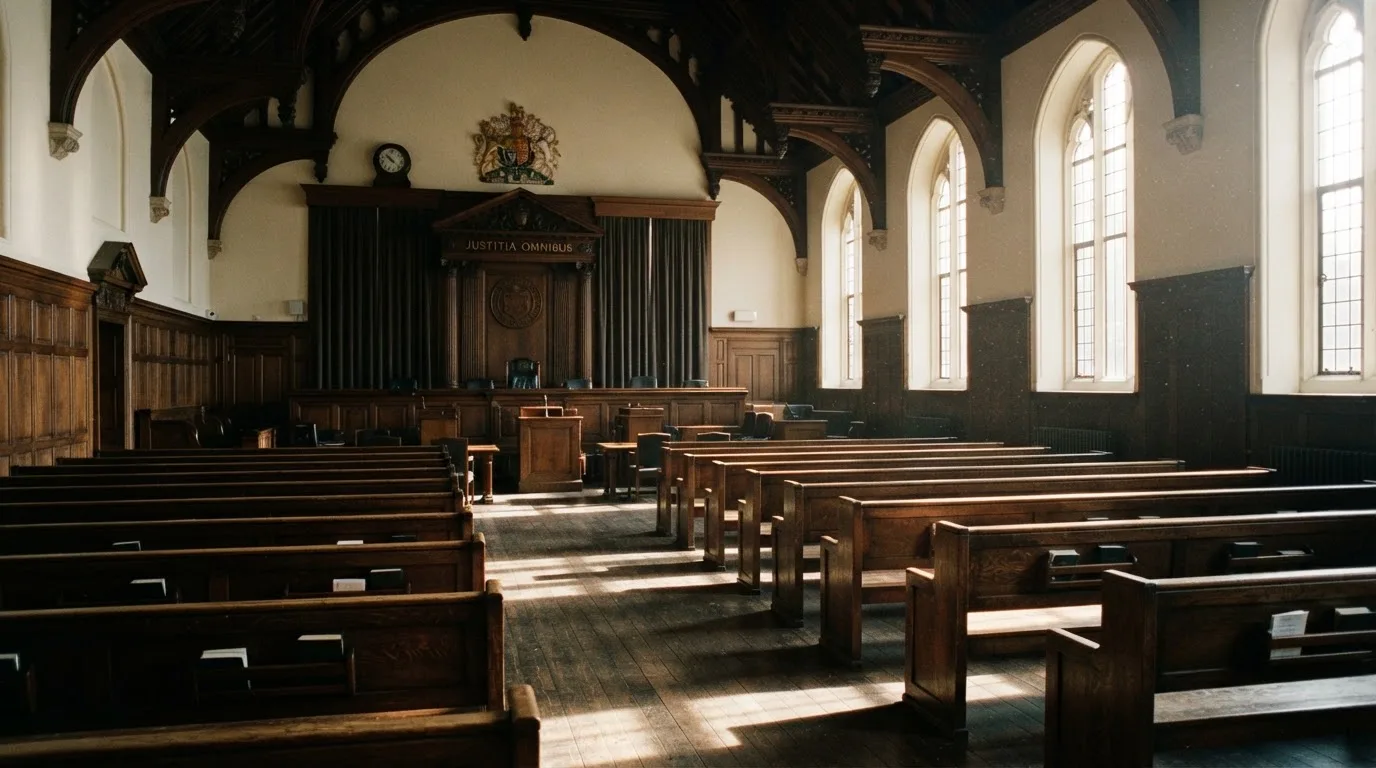 An empty courtroom with wooden benches in morning light