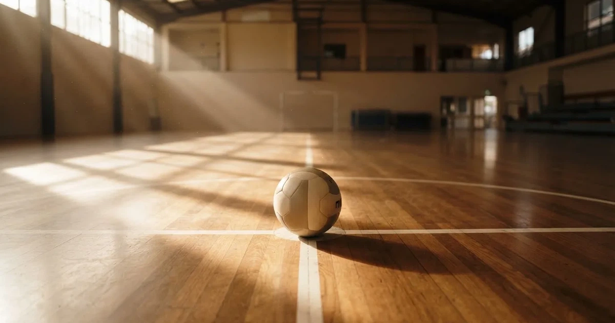 A ball on the centre spot of a grass pitch in morning light