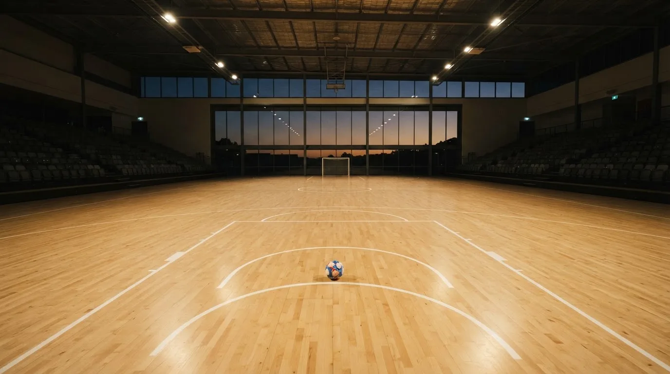 An empty football stadium with floodlight masts at dusk