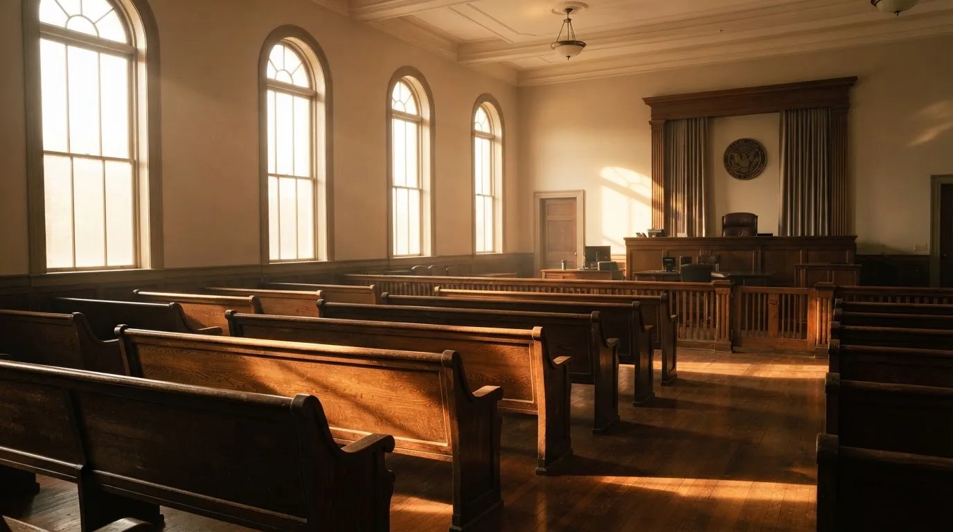 An empty courtroom with wooden benches in morning light