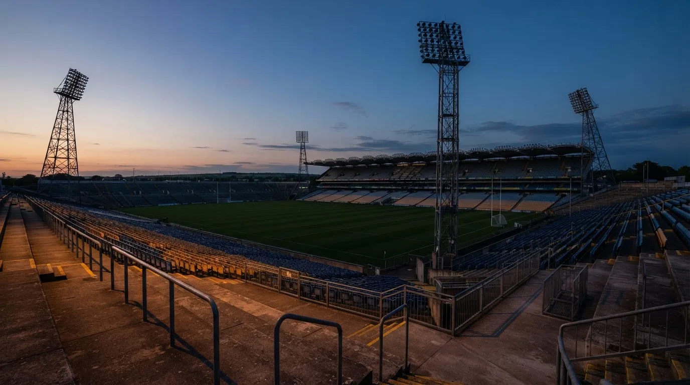 An empty football stadium with floodlight masts at dusk