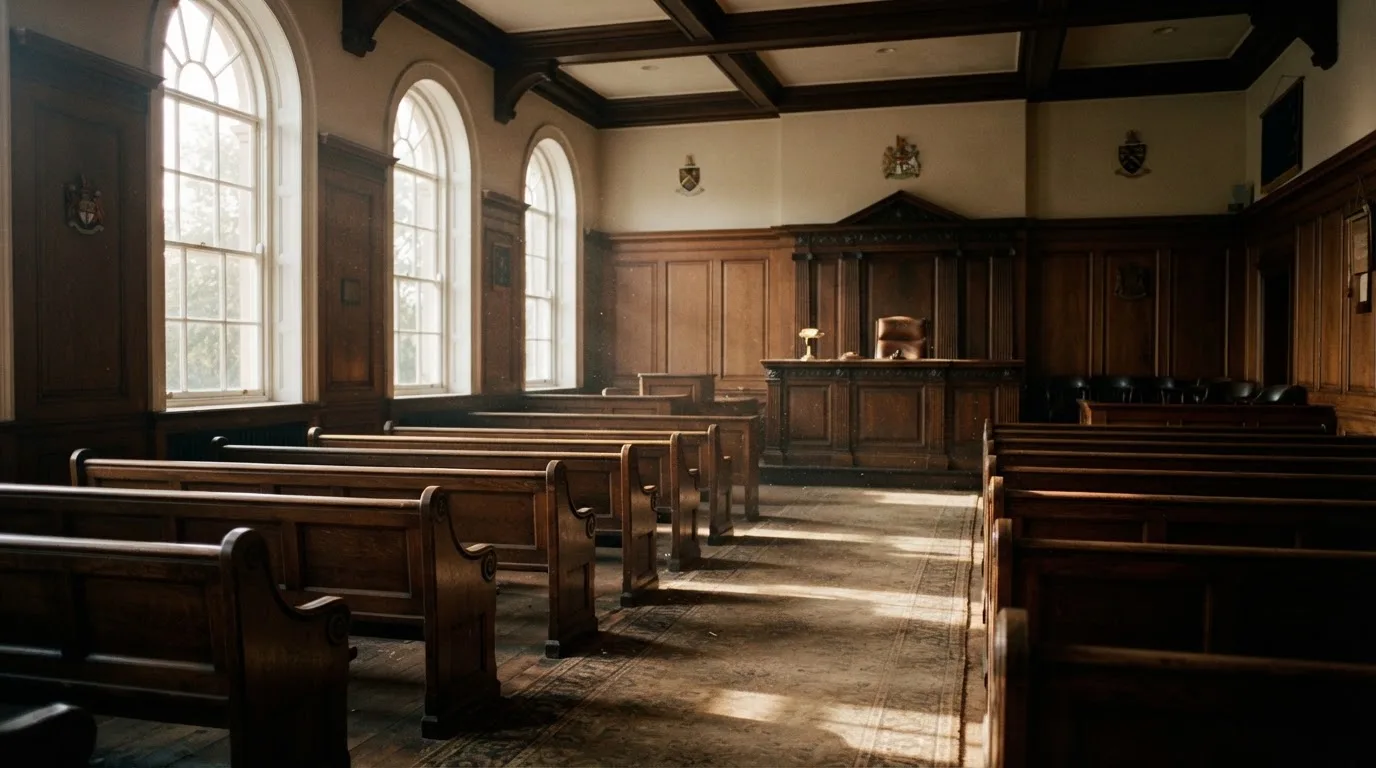 An empty courtroom with wooden benches in morning light