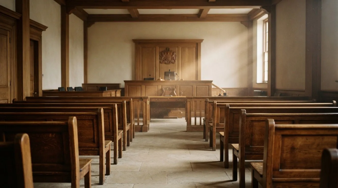 An empty courtroom with wooden benches in morning light