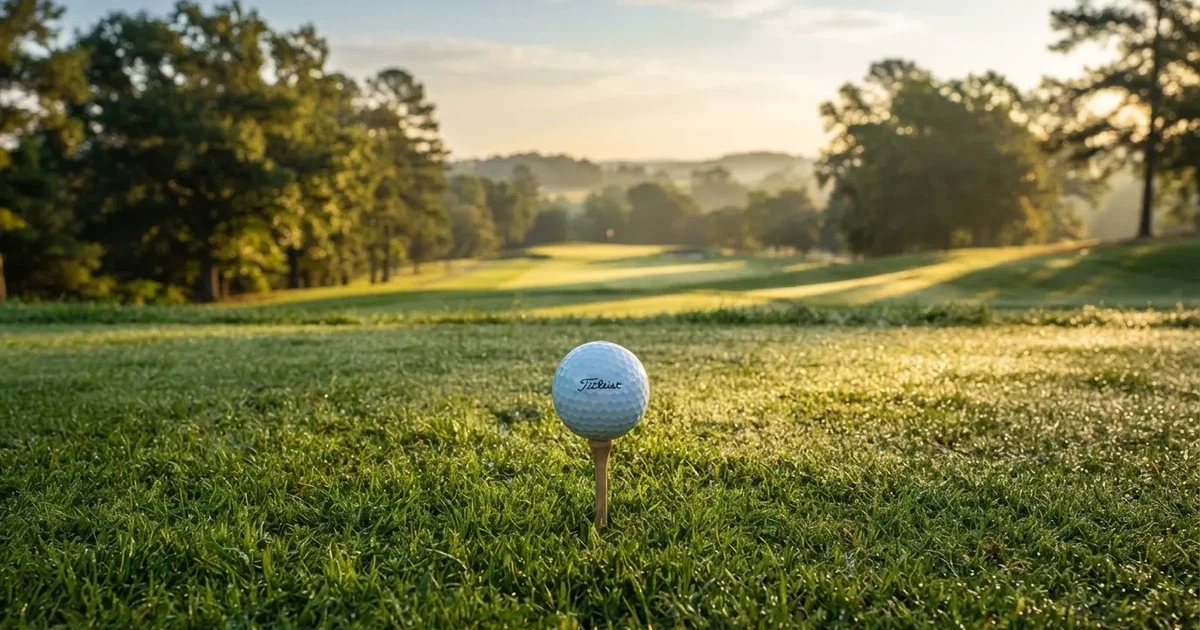 A ball on the centre spot of a grass pitch in morning light