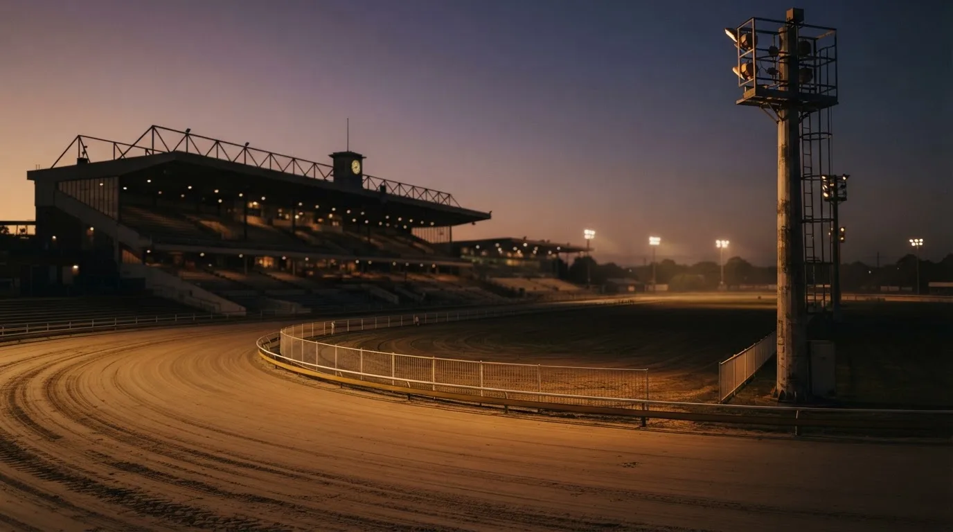 An empty football stadium with floodlight masts at dusk