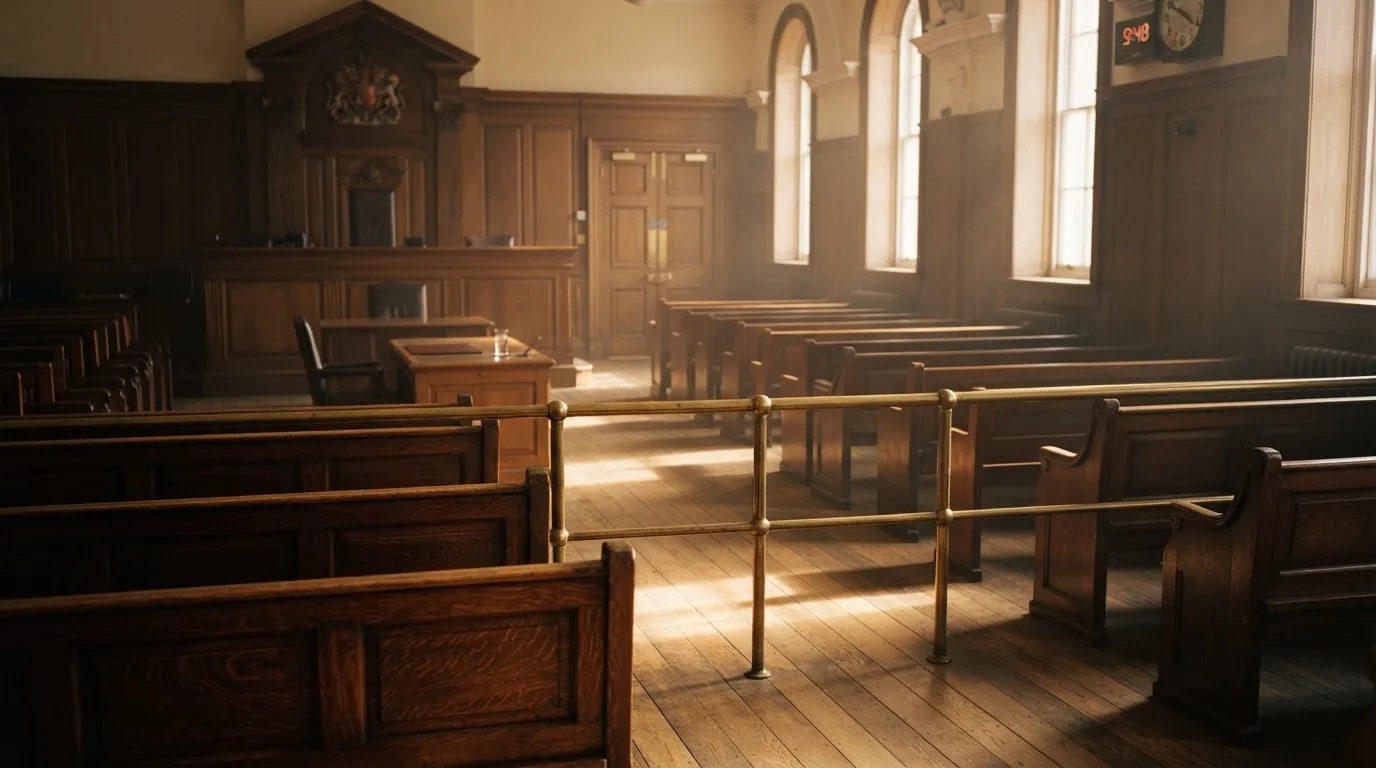 An empty courtroom with wooden benches in morning light