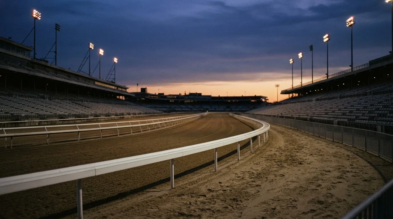 An empty football stadium with floodlight masts at dusk