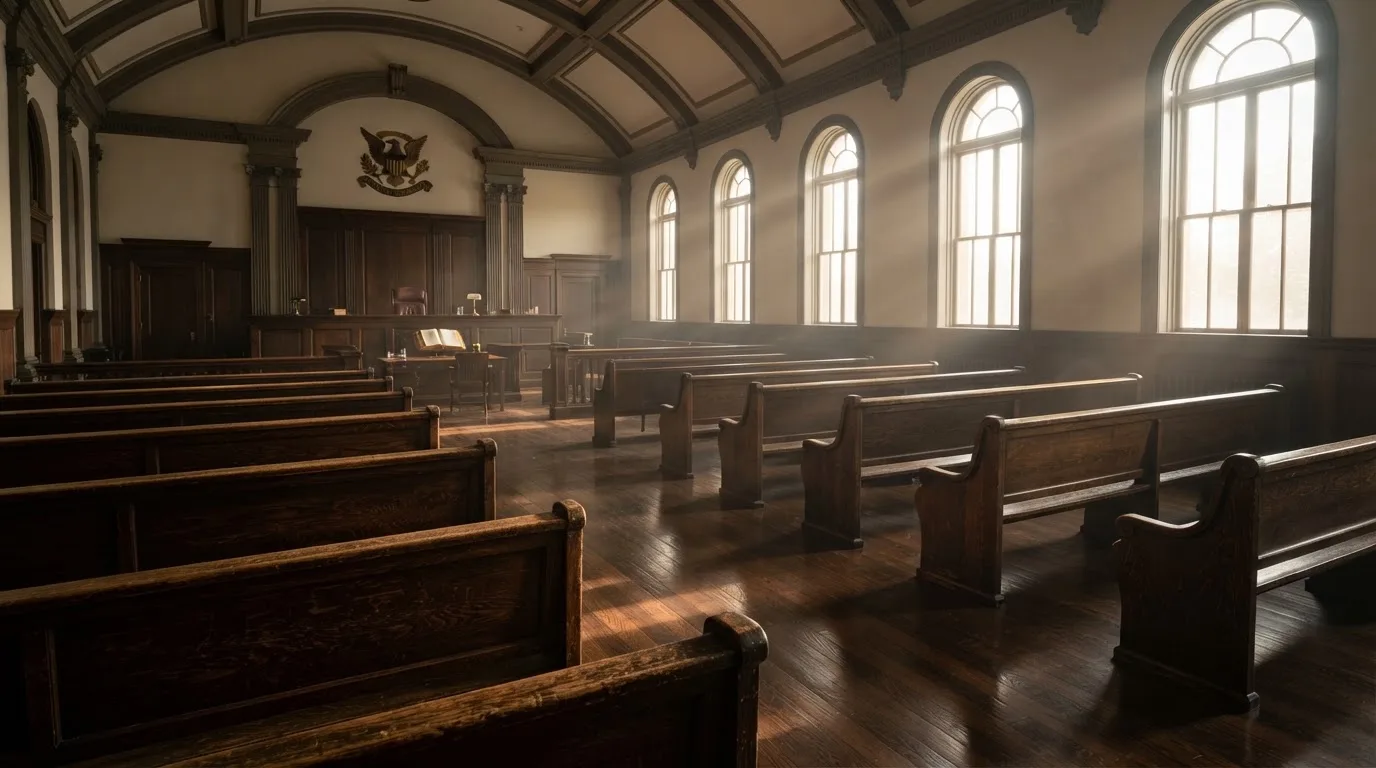 An empty courtroom with wooden benches in morning light