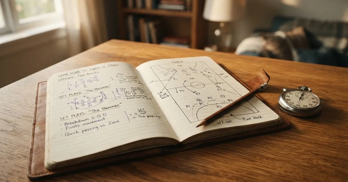 An open notebook with a pencil and a stopwatch on a wooden table