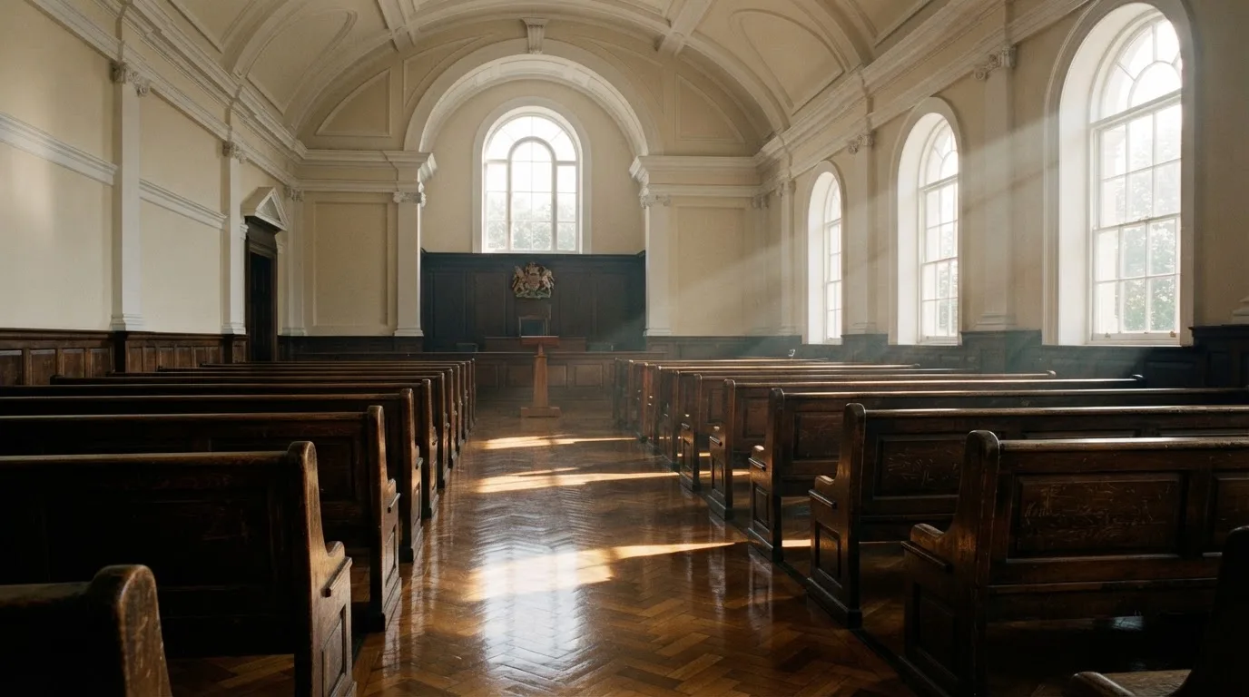 An empty courtroom with wooden benches in morning light
