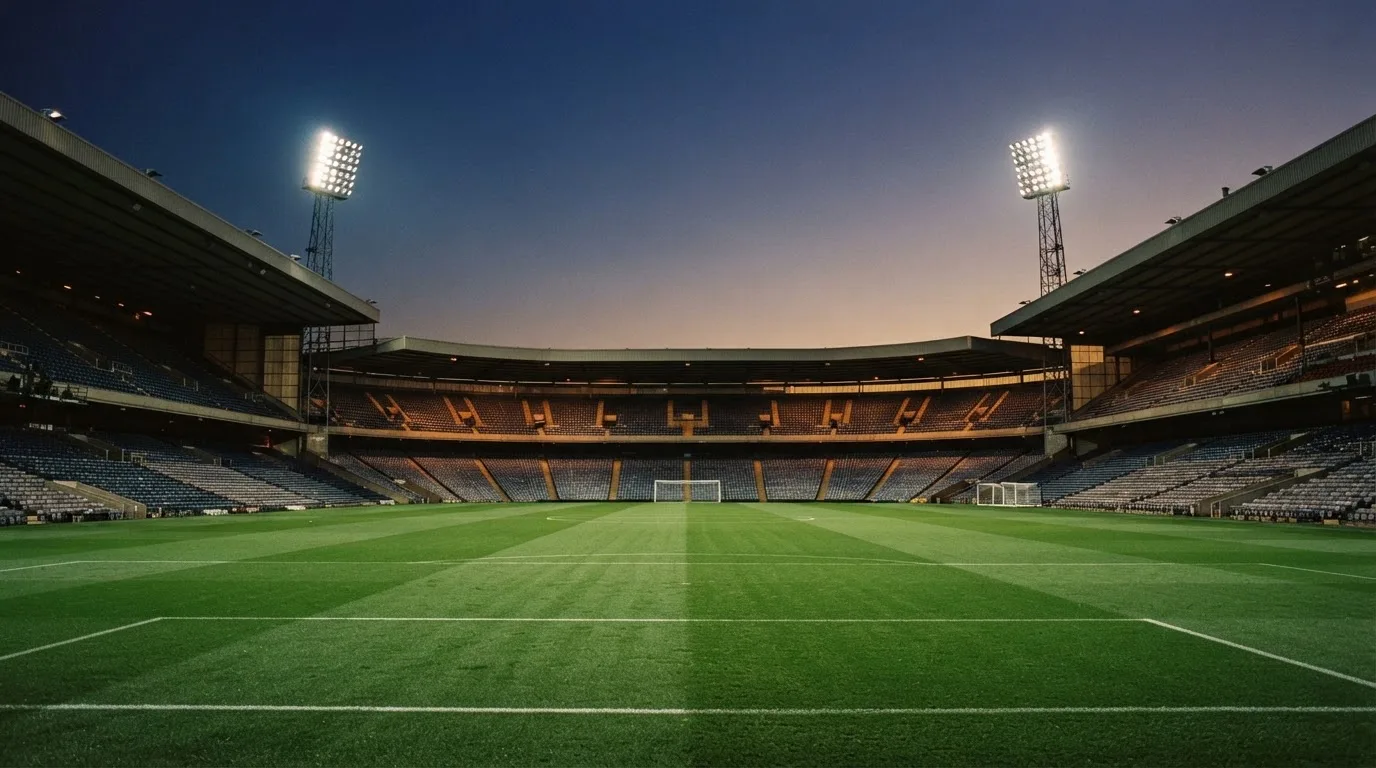 An empty football stadium with floodlight masts at dusk