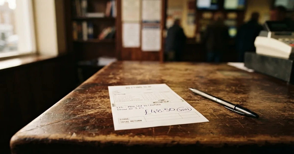 A blank paper betting slip beside a pen on a wooden counter