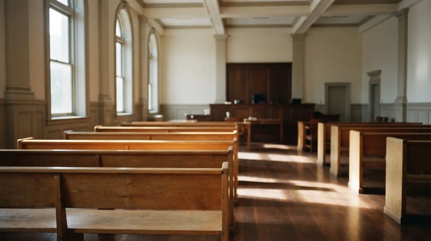 An empty courtroom with wooden benches in morning light