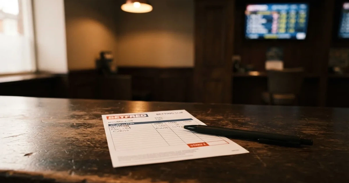 A blank paper betting slip beside a pen on a wooden counter