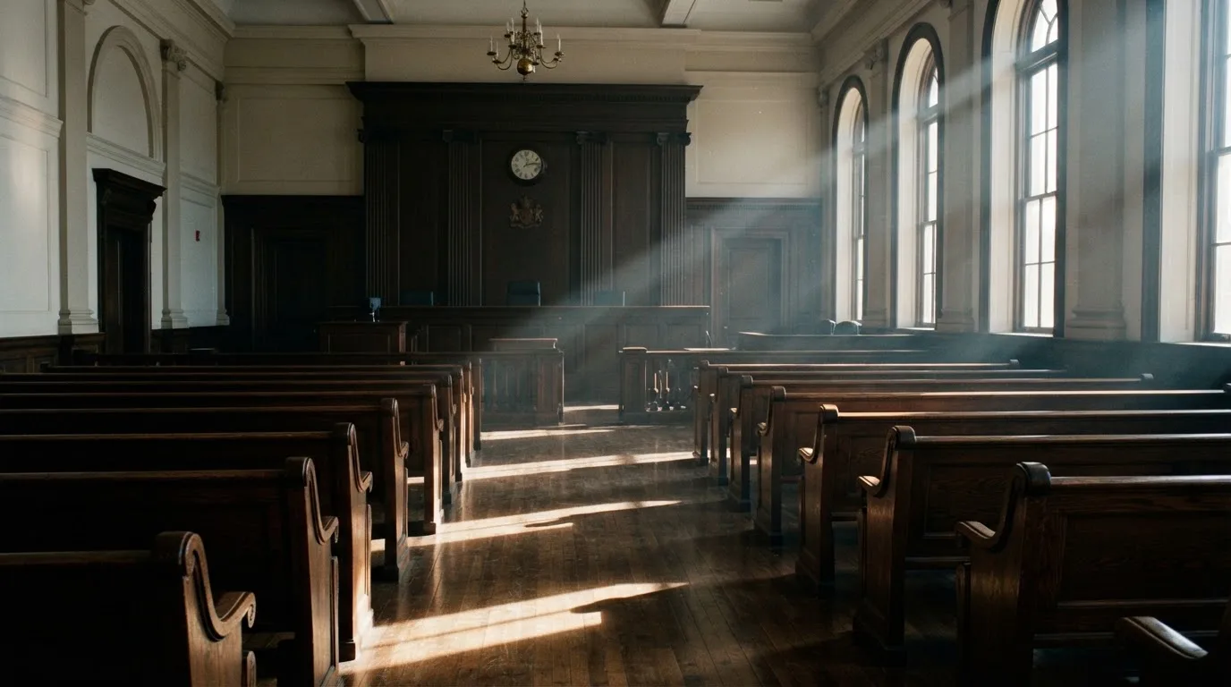 An empty courtroom with wooden benches in morning light