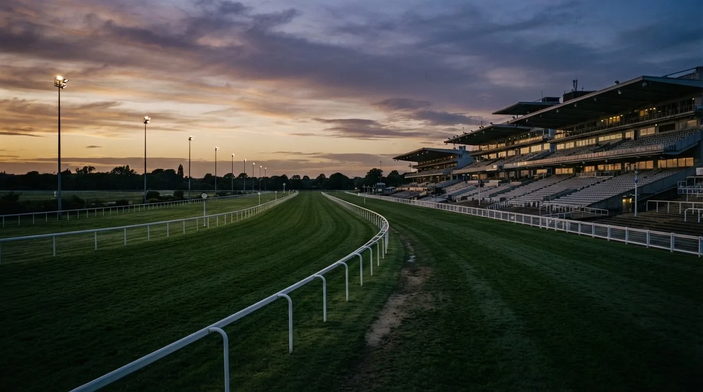 An empty football stadium with floodlight masts at dusk