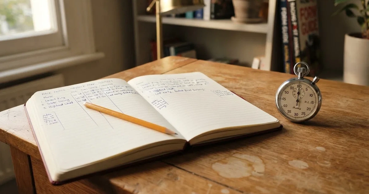 An open notebook with a pencil and a stopwatch on a wooden table
