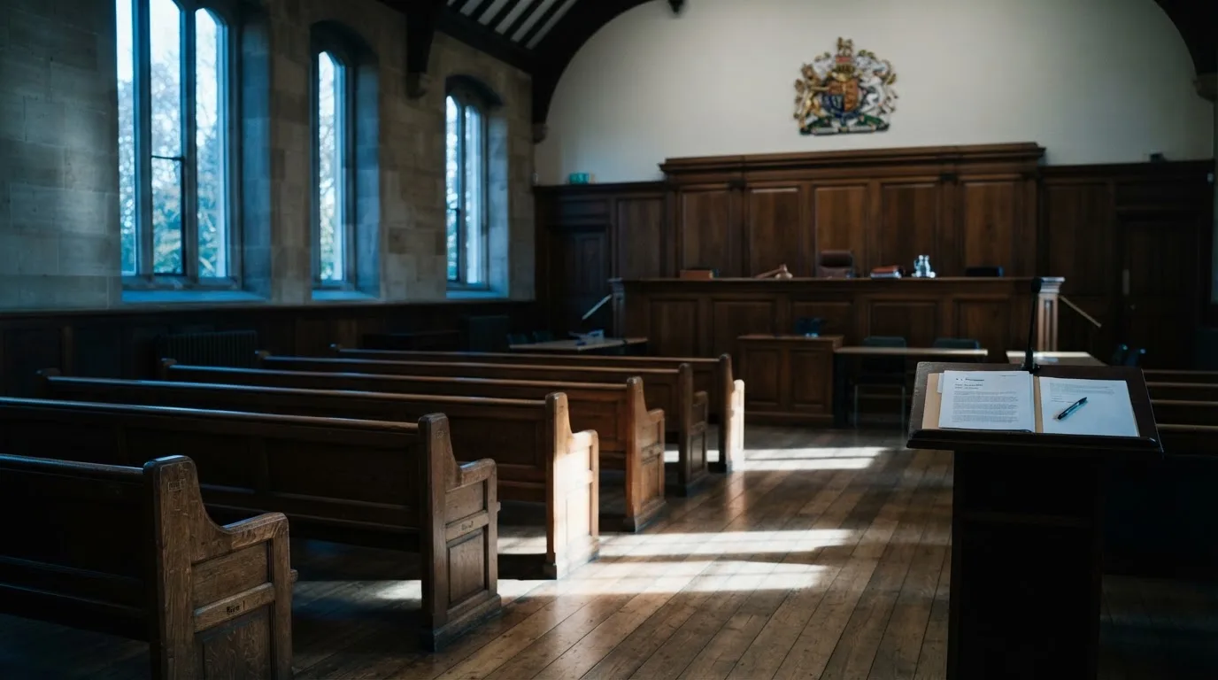 An empty courtroom with wooden benches in morning light