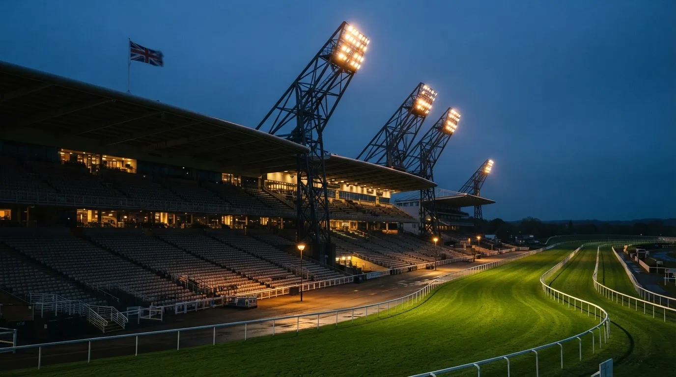 An empty football stadium with floodlight masts at dusk