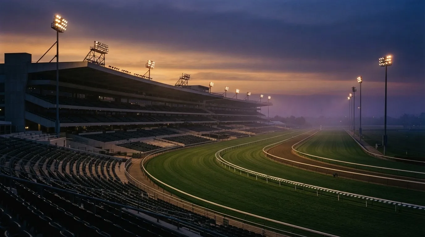 An empty football stadium with floodlight masts at dusk