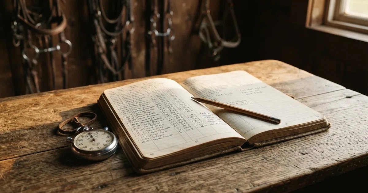 An open notebook with a pencil and a stopwatch on a wooden table