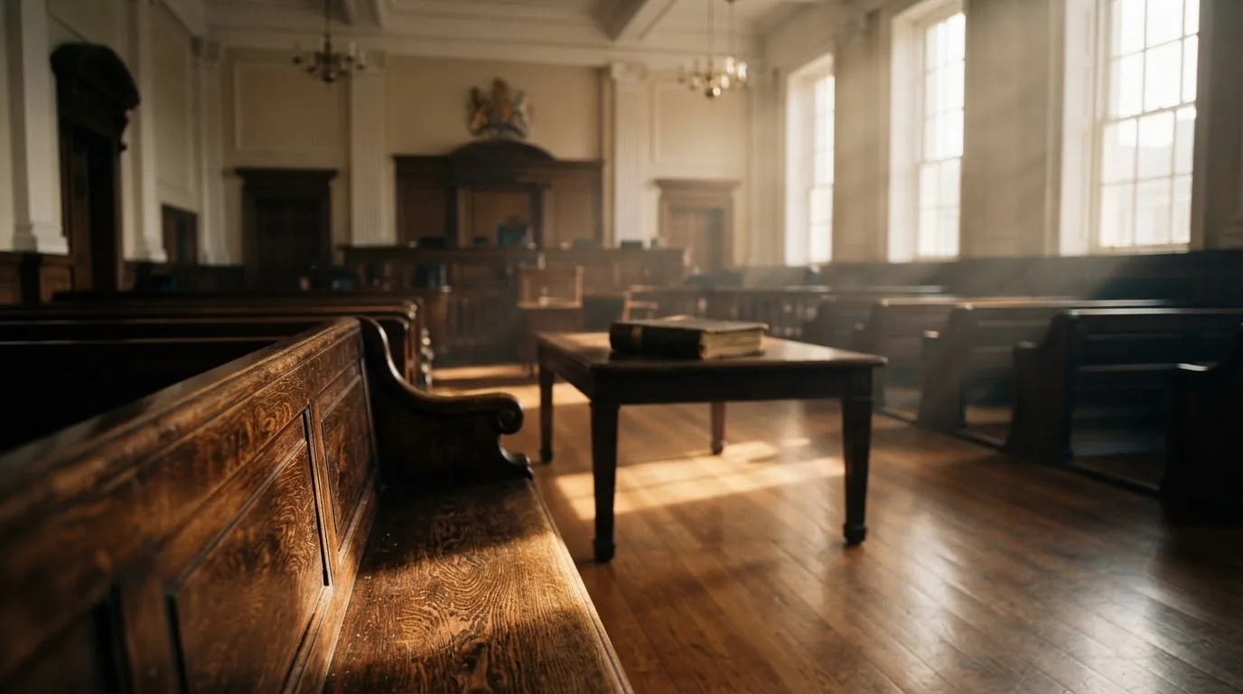 An empty courtroom with wooden benches in morning light