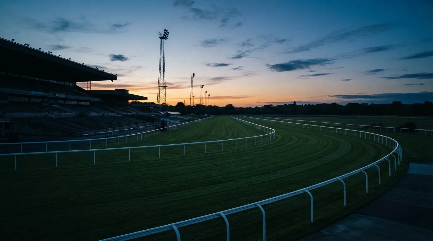 An empty football stadium with floodlight masts at dusk
