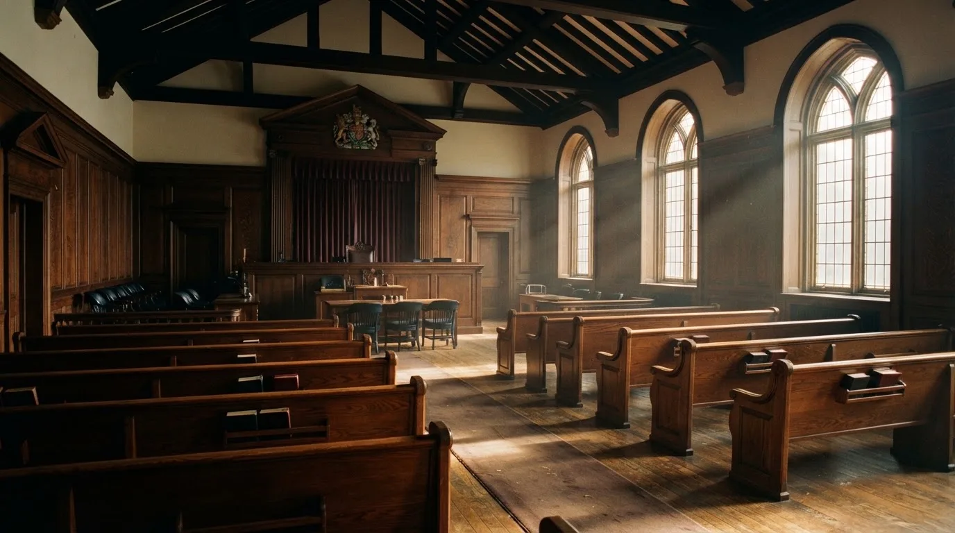 An empty courtroom with wooden benches in morning light