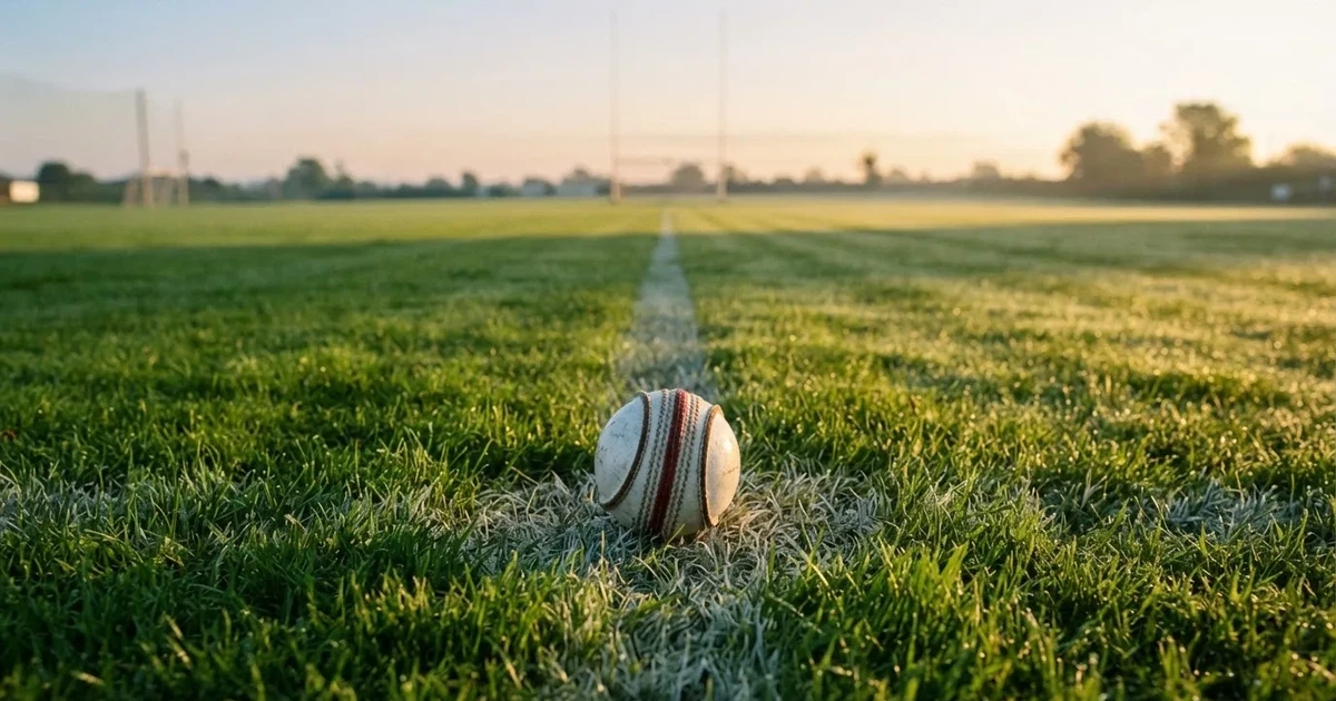 A ball on the centre spot of a grass pitch in morning light