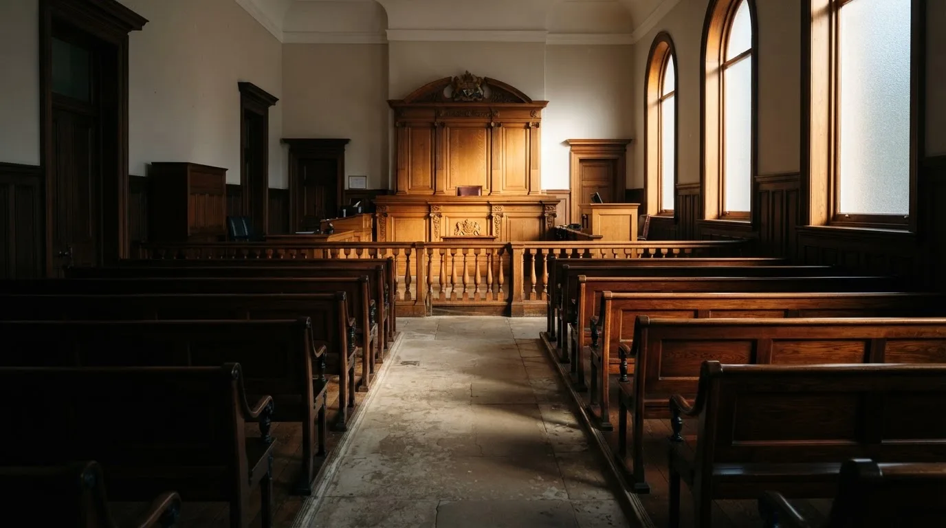An empty courtroom with wooden benches in morning light