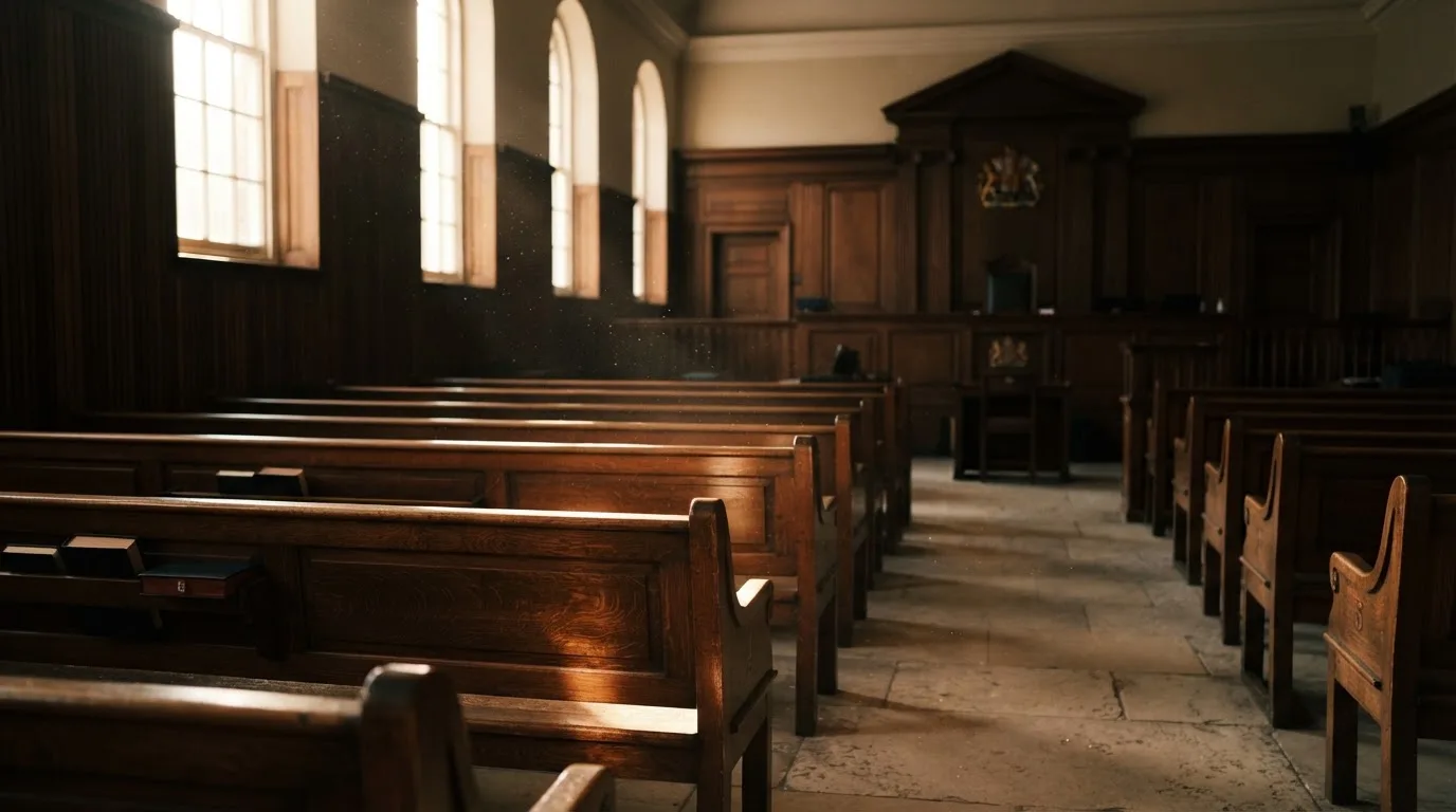 An empty courtroom with wooden benches in morning light