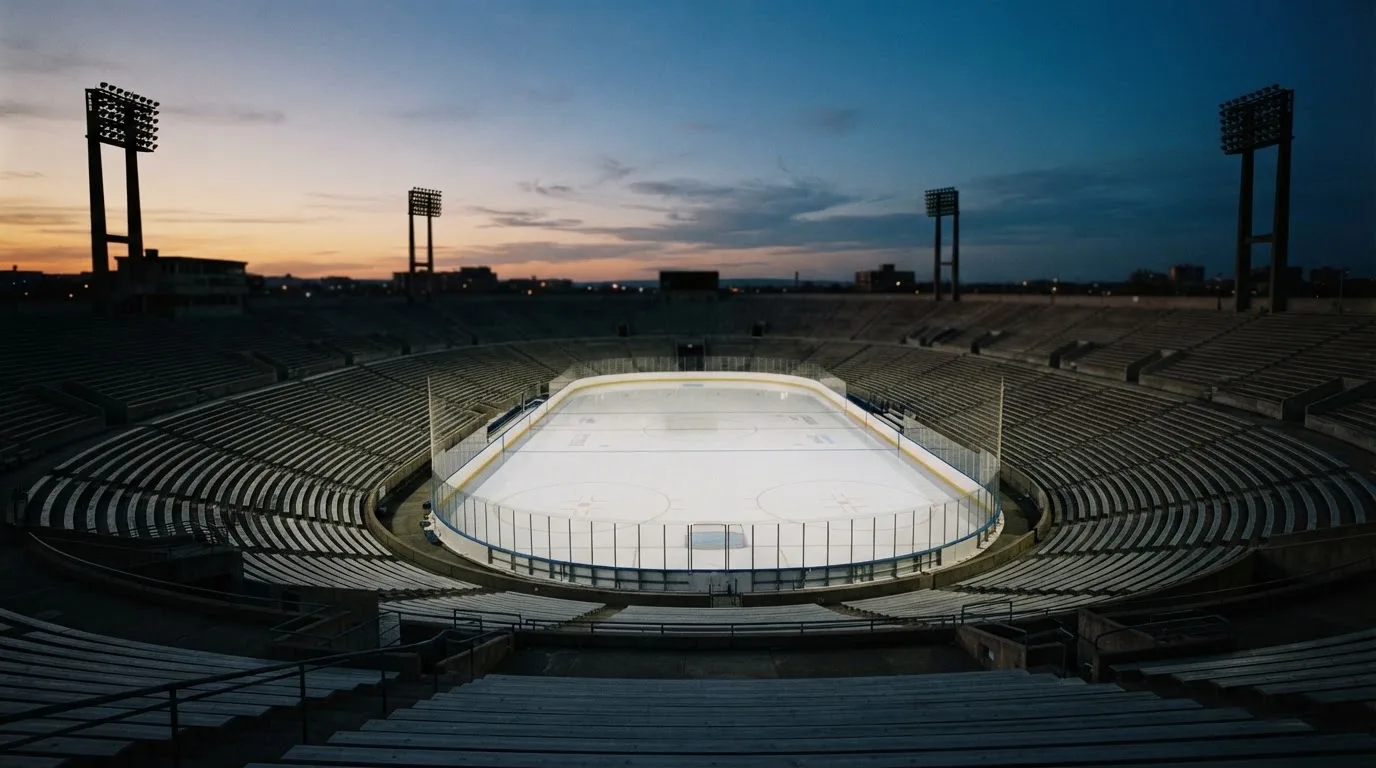 An empty football stadium with floodlight masts at dusk