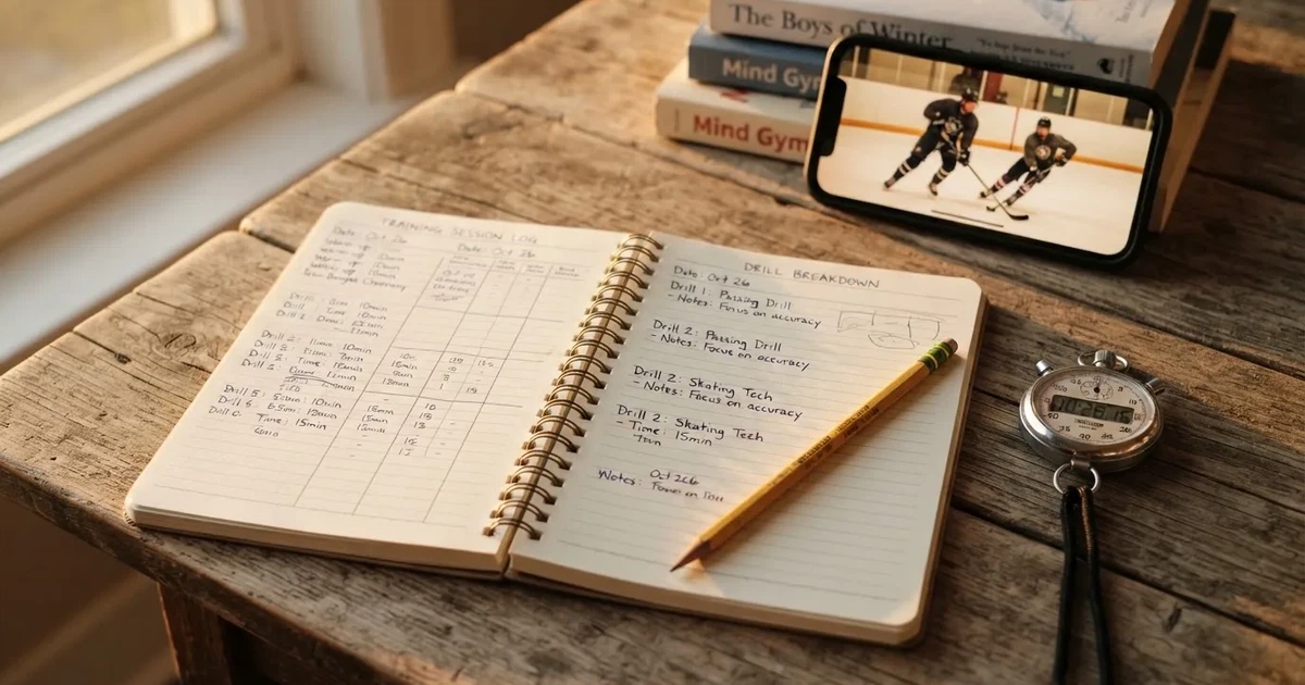 An open notebook with a pencil and a stopwatch on a wooden table