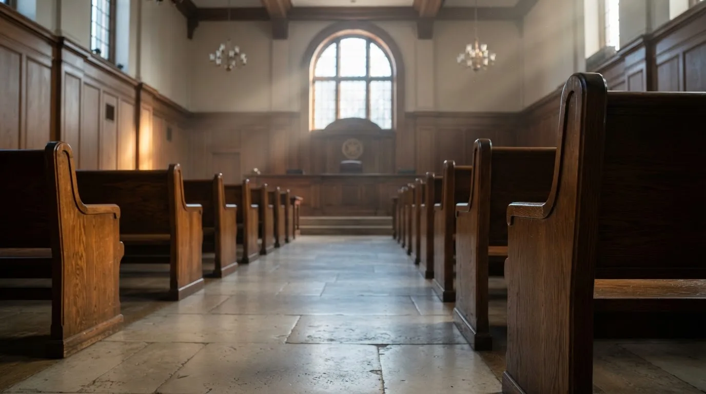 An empty courtroom with wooden benches in morning light