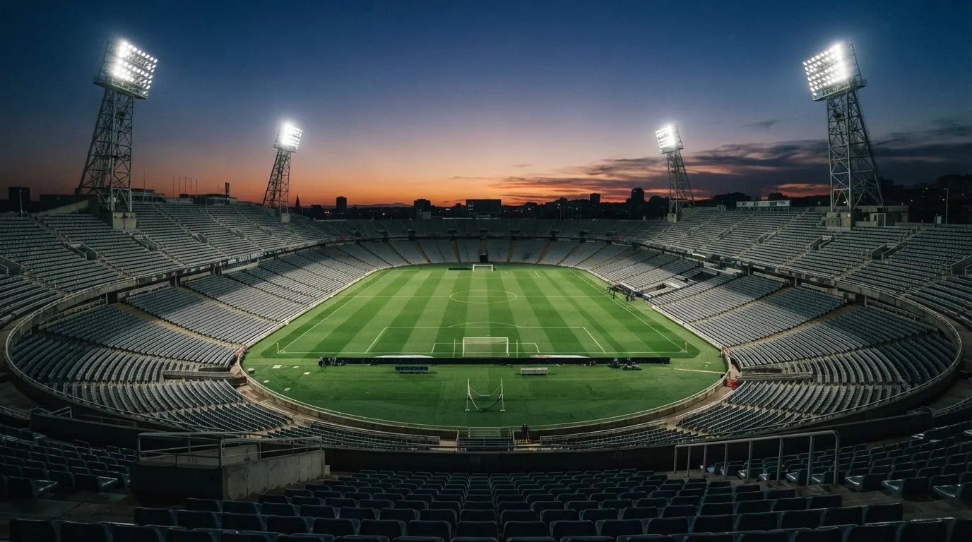 An empty football stadium with floodlight masts at dusk