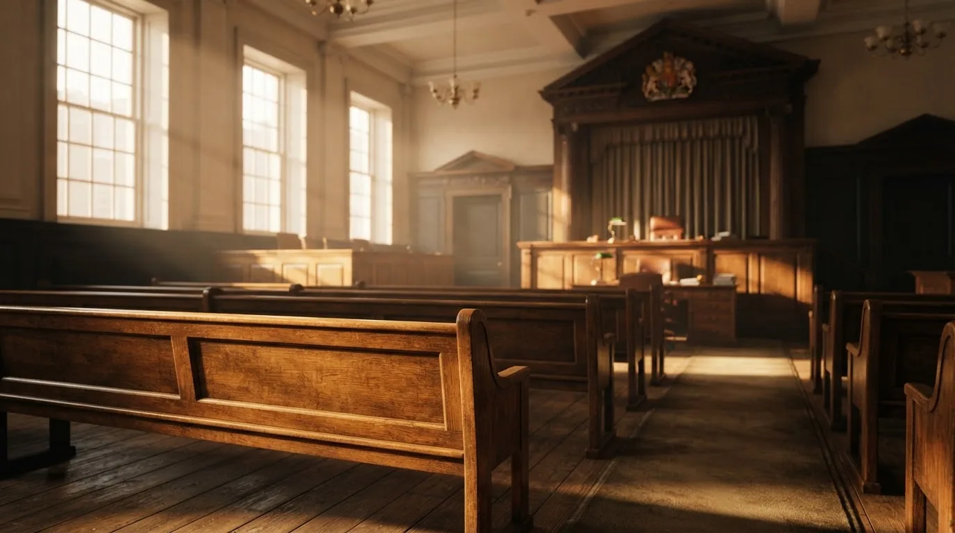 An empty courtroom with wooden benches in morning light