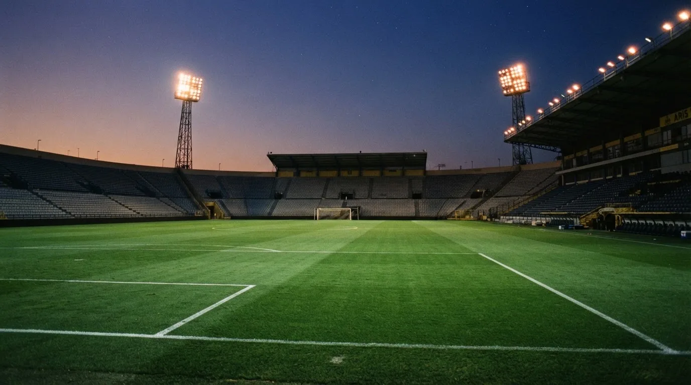 An empty football stadium with floodlight masts at dusk