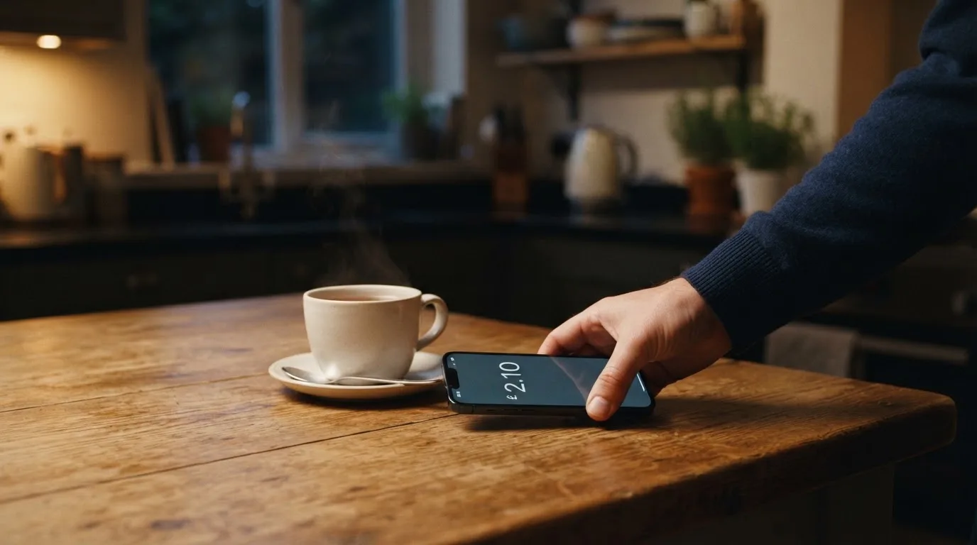 A hand setting a smartphone down beside a cup of tea on a kitchen table on a quiet evening